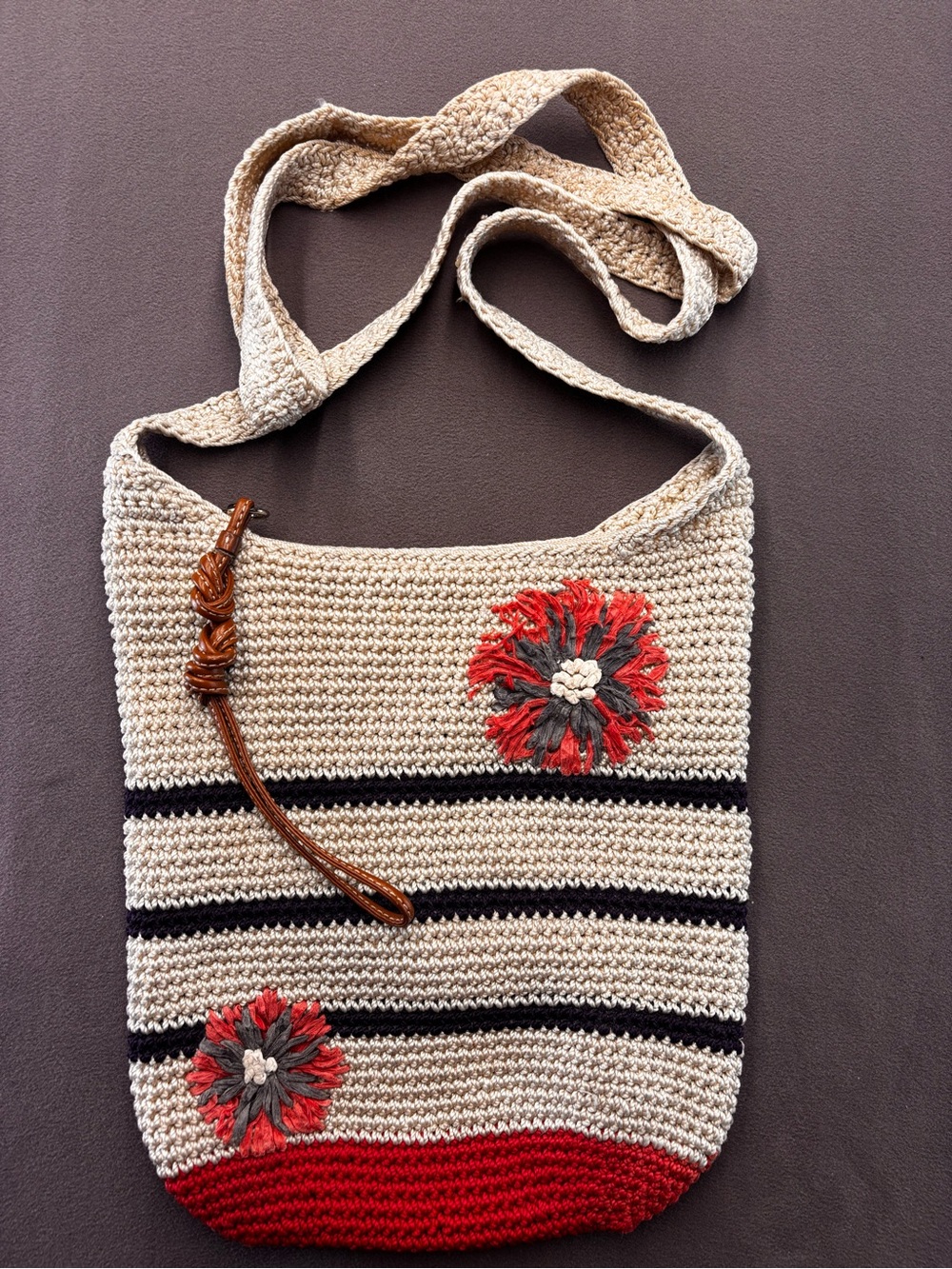 The Sak Straw Crocheted Stripe 3D Floral Crossbody Bag